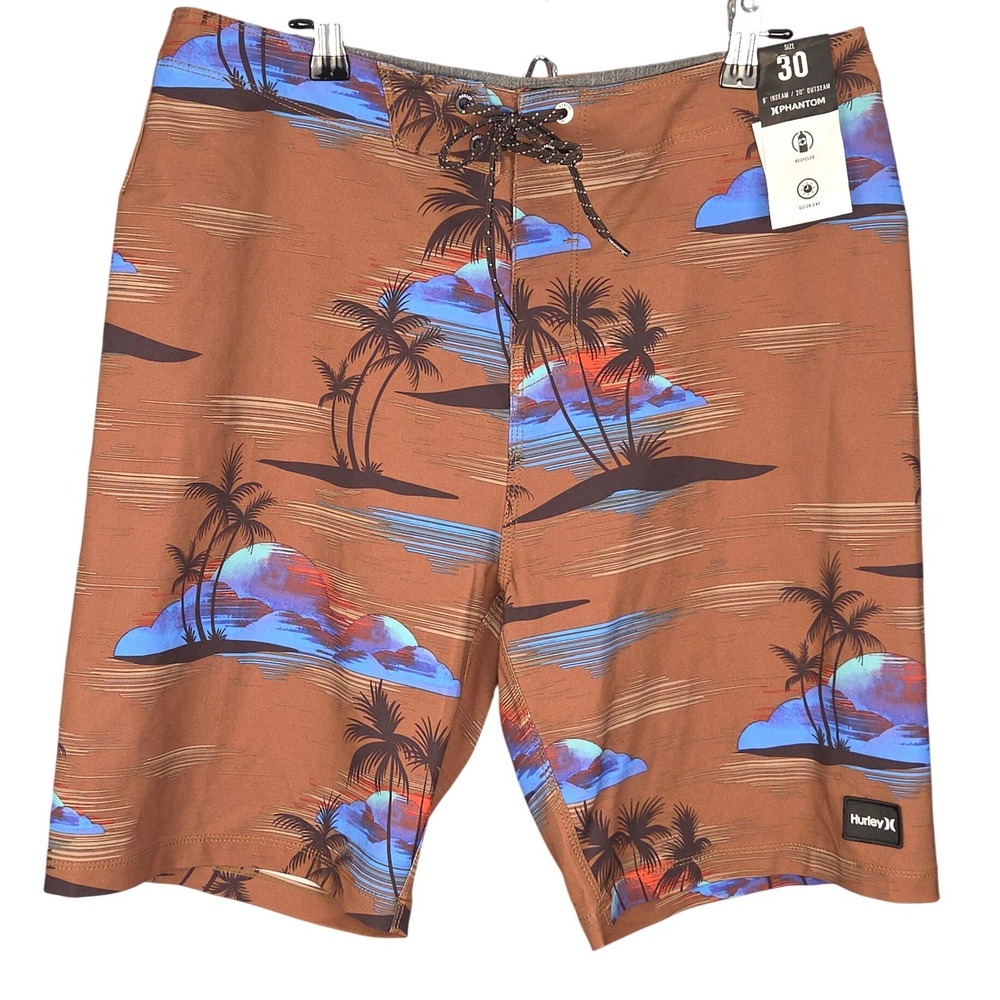 Hurley Phantom Board Shorts Mens 30 Brown Tropical Palmβ Swim Trunks Stretch New